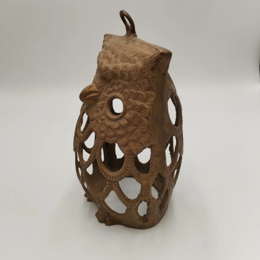 Vintage Solid Brass Owl Lantern Candle Holder Pierced Cutout Korea 70s